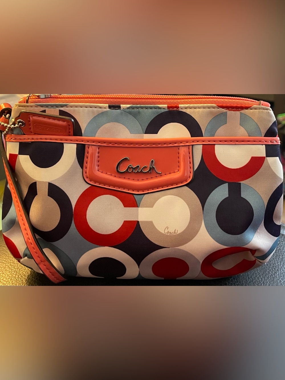 Coach Multicolor Circle Signature Wristlet - Coral, Navy & Light Blue